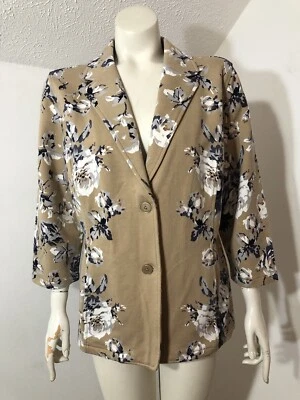 Blazer grande Isaac Mizrahi elástico para mujer color tostado floral tejido mangas 3/4 botones Foto 1 de 4