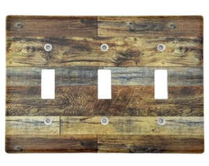 Rustic Brown Wood Style 3-Gang Toggle Wall Switch Plate Cover Plastic Farmhouse - Picture 1 of 4