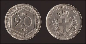 20 CENTS 1918 PARTIALLY STRIPED HEXAGON - VICTORIO EMANUELE III "EXCELLENT" - Picture 1 of 1