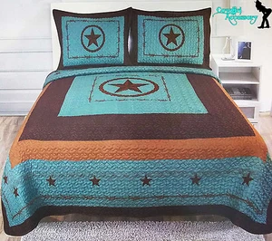 Texas Star Barbed Wire Western Style Quilt Bedspread Comforter Shams 3 Pcs Set - Picture 1 of 14