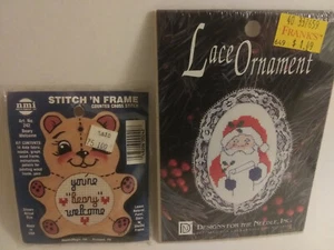 2 NIP Vtg Lace Christmas Ornament Cross Stitch Kit SANTA'S LIST/Frame Kit BEAR - Picture 1 of 10