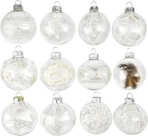 12 Weihnachtskugeln Glas Christbaumkugeln Set Christbaumschmuck transparent weiß - Bild 1 von 7
