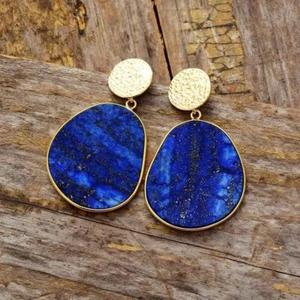 Genuine Lapis Lazuli Dark Blue Gold Slab Dangle Healing Chakra Women Earrings