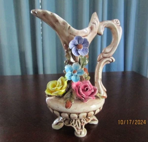 Vintage Italy Capodimonte Porcelain Floral Pitcher Vase - 10" Tall - Picture 1 of 12