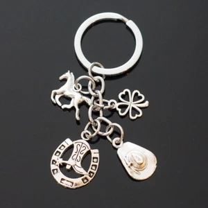 Cowboy Hat Boots Horseshoe Horse Lucky Four Leaf Clover Silver 4-Charms Keychain - Picture 1 of 7