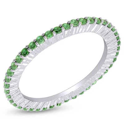 Full Eternity Wedding Band Simulated Emerald 14k White Gold Plated 925 Silver - Image 1 of 4