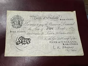 White Fiver £5 Banknote O'Brien Prefix B15A BoE 26th October 1955 B276 (22631) - Picture 1 of 2