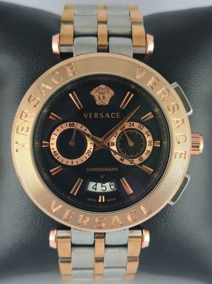 Reloj pulsera de cuarzo Versace de lujo cronógrafo con esfera negra y correa de acero inoxidable Foto 1 de 4