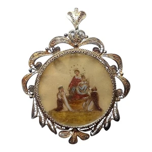 *HH* Antica Spilla Argento Miniatura Sacra Votiva Dipinto Madonna Rosario Pompei - Bild 1 von 15