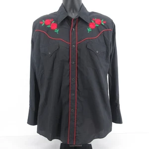 Ely Diamond American Rose Western Shirt Medium Black Pearl Snap Embroidered - Picture 1 of 7