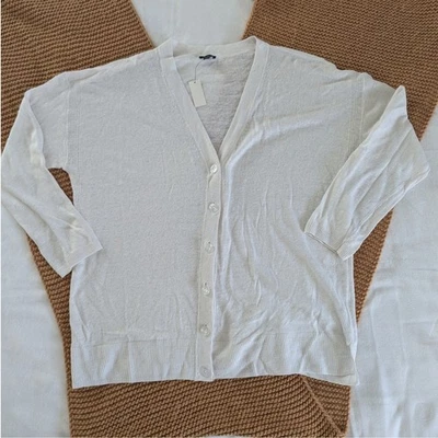 Talbots 亚麻针织开衫毛衣霜女式 XL 码 V 领纽扣前襟全新带标签 — 第 1/4 张图片