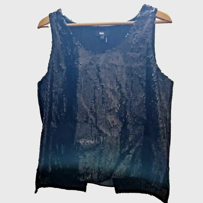 Camiseta sin mangas DKNY XL de lentejuelas para mujer - Camisa negra sin mangas de fiesta/cóctel - Regalo Foto 1 de 4