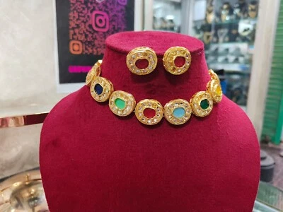 Gargantilla Kundan india Bollywood chapada en oro collar nupcial pendientes conjunto de joyería Foto 1 de 4