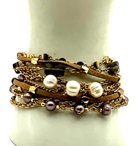 WHBM Chunky Multistrand Gold Tone Semi-Precious Pearl Beaded 7 1/2" Bracelet - Picture 1 of 13