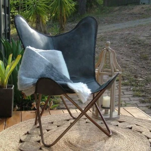 Handmade Rustic Brown Leather Seat Lounge Garden Butterfly Chair With Iron Frame - Picture 1 of 6