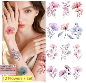 Set of 12 Flowers Waterproof Temporary Fake Tattoo Stickers Arm Leg Body Art - Picture 1 of 8