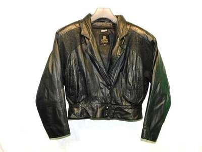 Chaqueta de cuero negra vintage años 80 Byrnes Baker L recortada estampado animal ribete motociclista Foto 1 de 4