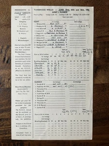 Cricket Scorecard - Kent v Sussex, Tunbridge Wells, 1956 (Oakman 142) - Picture 1 of 2