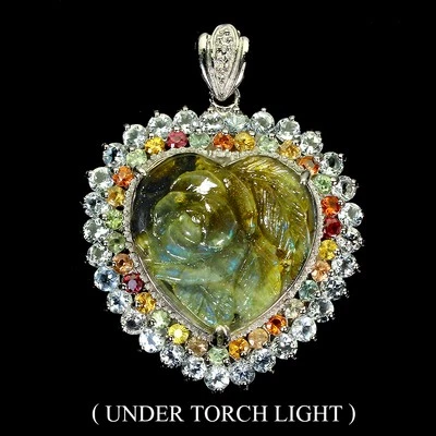 925 Pendente Argento Sterling Fiore Intagliato Labradorite 25 MM Zaffiro Fatto - Immagine 1 di 4