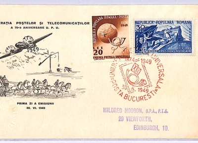 ROMANIA 1949 FDC *UPU* Set ILLUSTRATED First Day Cover Bucharest Edinburgh WF47 - Image 1 of 4