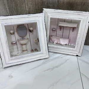 "Juego de 2 dioramas vintage de madera encalada 3D decoración del hogar bañera baño 6,5""" - Imagen 1 de 7
