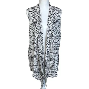 Chico's Cardigan Women Size 2 Medium Black Ivory Open Knit Fringed Boho Vest Top - Picture 1 of 13