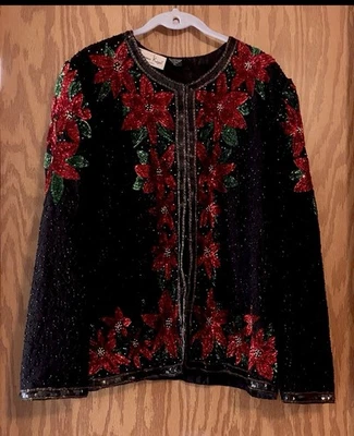 Chaqueta de Colección Lawrence Kazar Seda Lentejuelas Cuentas Flor de Pascua Talla XL *LEER* Foto 1 de 4