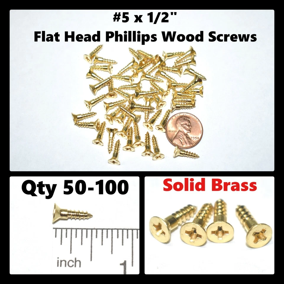 #5 x 1/2" cabeza plana avellanador latón macizo madera tornillos Phillips (cantidad 50-100) Foto 1 de 4