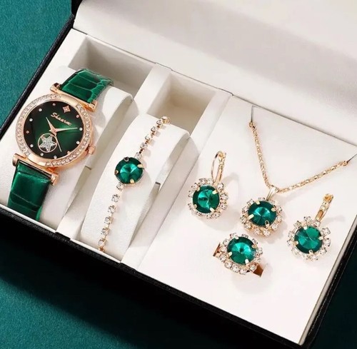 Set Orologio donna orecchini collana anello bracciale strass verde San Valentino