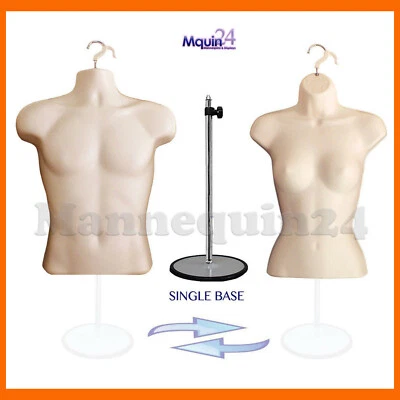 2 pcs FLESH MANNEQUIN TORSO SET w/2 HANGERS + 1 STAND -MALE & FEMALE BODY FORMS - Image 1 of 4