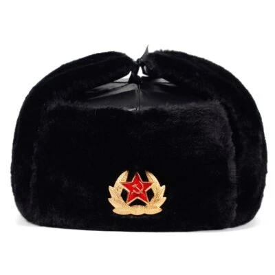 Russian Ushanka Military hat w/ SOVIET ARMY BADGE Black Chapka Authentic - Photo 1/4
