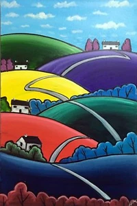HERVORRAGENDE AISHA HAIDER ORIGINAL "Bunte Hügel" stimmungsvolle Landschaft GEMÄLDE - Bild 1 von 3