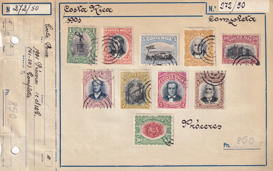 Costa Rica 1901 Yvert 41/50 Proceres en archivo antiguo fijo con bisagra (GX) Foto 1 de 1