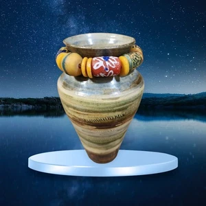 Studio Pottery Vase Signed Green Brown Raku Pot Beads Wooden Flowers 7.5" - Picture 1 of 24