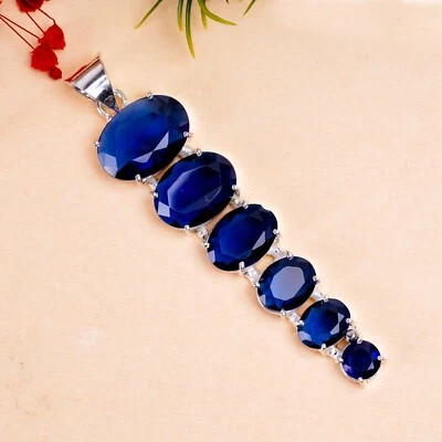 Blue Sapphire Lab Created Gemstone Handmade Pendant,925 Sterling Silver Pendant - Image 1 of 4