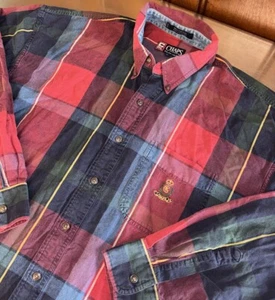 VTG 90s Chaps Ralph Lauren Button Down Mens Large Tartan Plaid Red Denim Crest - Picture 1 of 8
