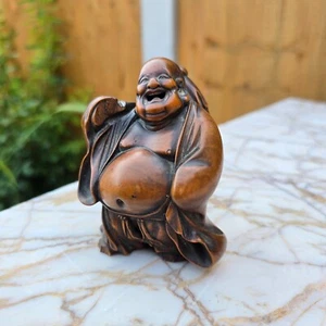 Japanese Antique Boxwood Okimono Standing Hotei Buddha Signed Rokko c19th Meiji - Picture 1 of 13