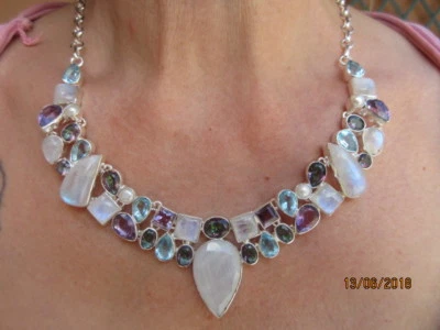 collana argento 925  tormalina topazio perle ametista antica - Immagine 1 di 3