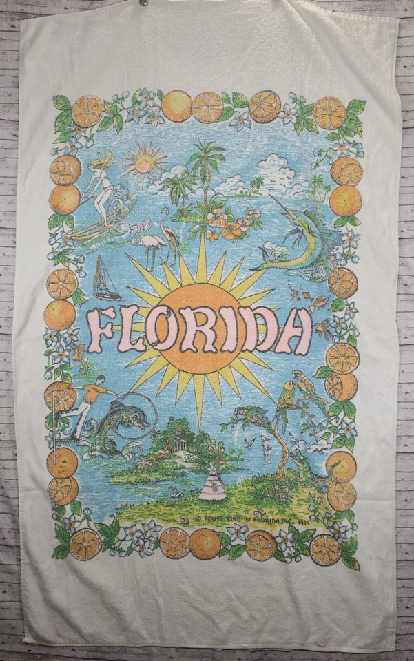 Винтажное полотенце King beach полотенце Флорида сувенир апельсины попугаи США смесь 1979 - Изображение 1 из 4