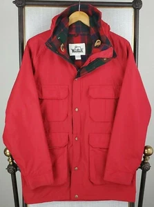 VTG WOOLRICH Size Medium Womens USA Made Red Wool Lined Hooded Field Jacket Coat - Picture 1 of 12