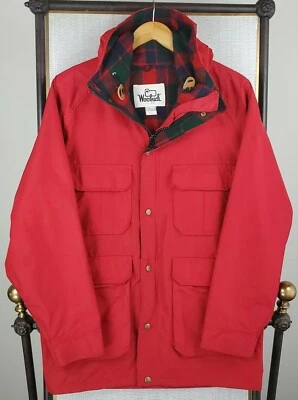 VTG WOOLRICH Size Medium Womens USA Made Red Wool Lined Hooded Field Jacket Coat - Image 1 of 4