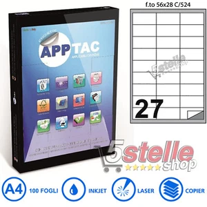 100 FOGLI A4 CARTA ADESIVA 2700 ETICHETTE 56x28 mm APPTAC C524 INKJET LASER - Foto 1 di 1