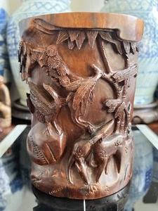 antique chinese qing dynasty Scented solid wood carved brush holder - Picture 1 of 17