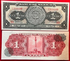 1969 Mexico Banknote 1 Peso UNC Paper Money Aztec Calendar SERIE BGB PREFIX L - Picture 1 of 4