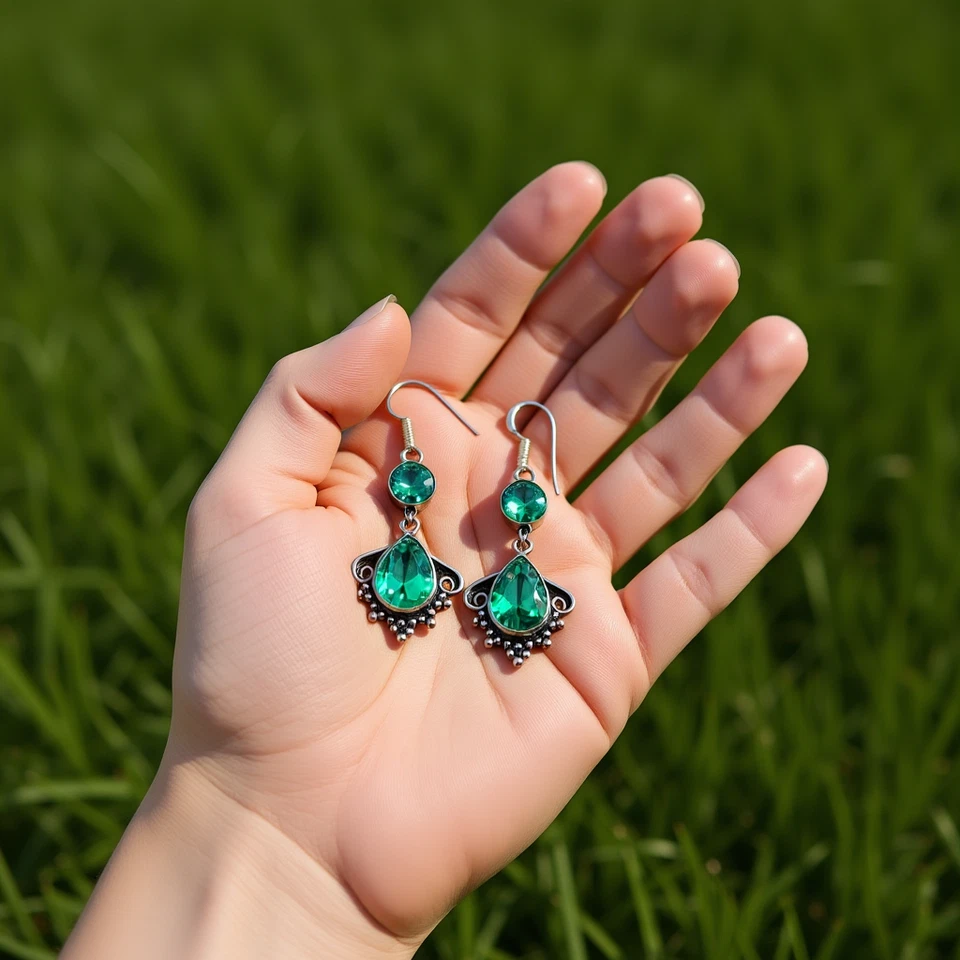 Brincos de gota de apatita verde feitos à mão, pendurados de pedra preciosa de lágrima, boho vintage - Imagem 1 de 4