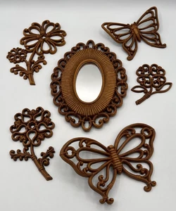 Vintage 1978 Homco 6 Piece Mirror Butterfly Flower Wall Hanging Faux Wicker Look - Picture 1 of 13