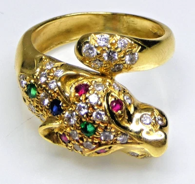 18k Gemstone and Diamond Encrusted Panther Wrap Around Ring - Image 1 of 4