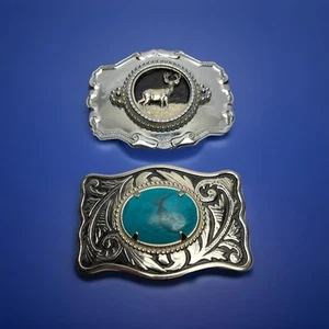 Lot of Two (2) Belt Buckles Stag Deer & Turquoise Silver Color Vintage - Picture 1 of 4