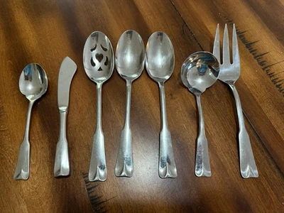 Cubiertos brillantes clásicos modernos de acero inoxidable Lunt.  Juego de 7 piezas de servicio como se muestra Foto 1 de 2