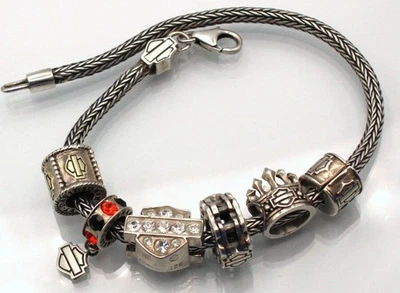 STERLING SILVER 925 HARLEY DAVIDSON CHARM BRACELET MOD 8.5” BAR N SHIELD CRYSTAL - Image 1 of 4
